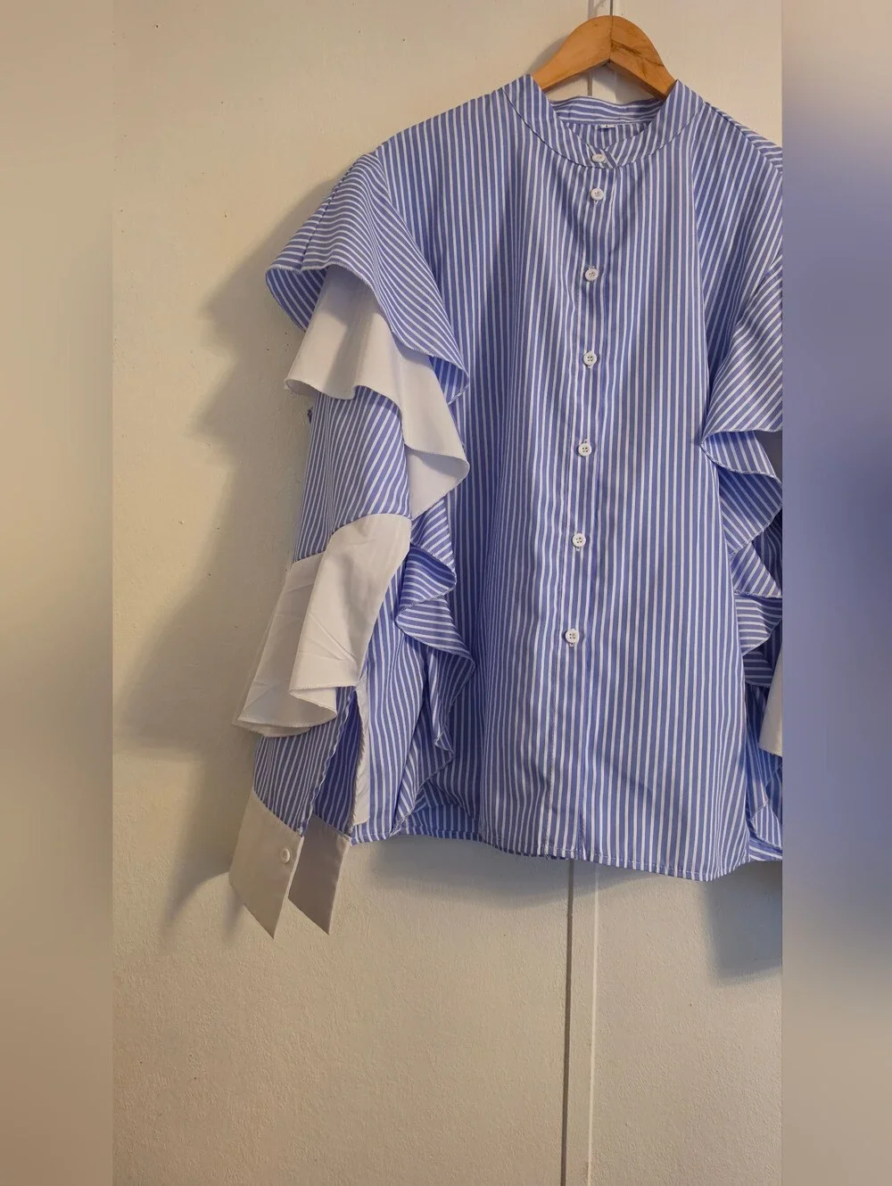 Striped Blue Ruffle Button-Down Blouse - Picture 3 of 8